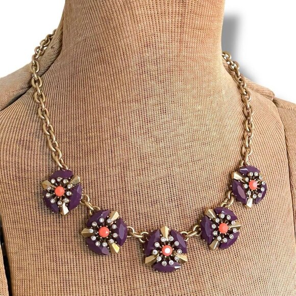 J Crew Statement Necklace Purple Coral Gold Rhinestone Crystal Cluster Retro 18" - Picture 9 of 13